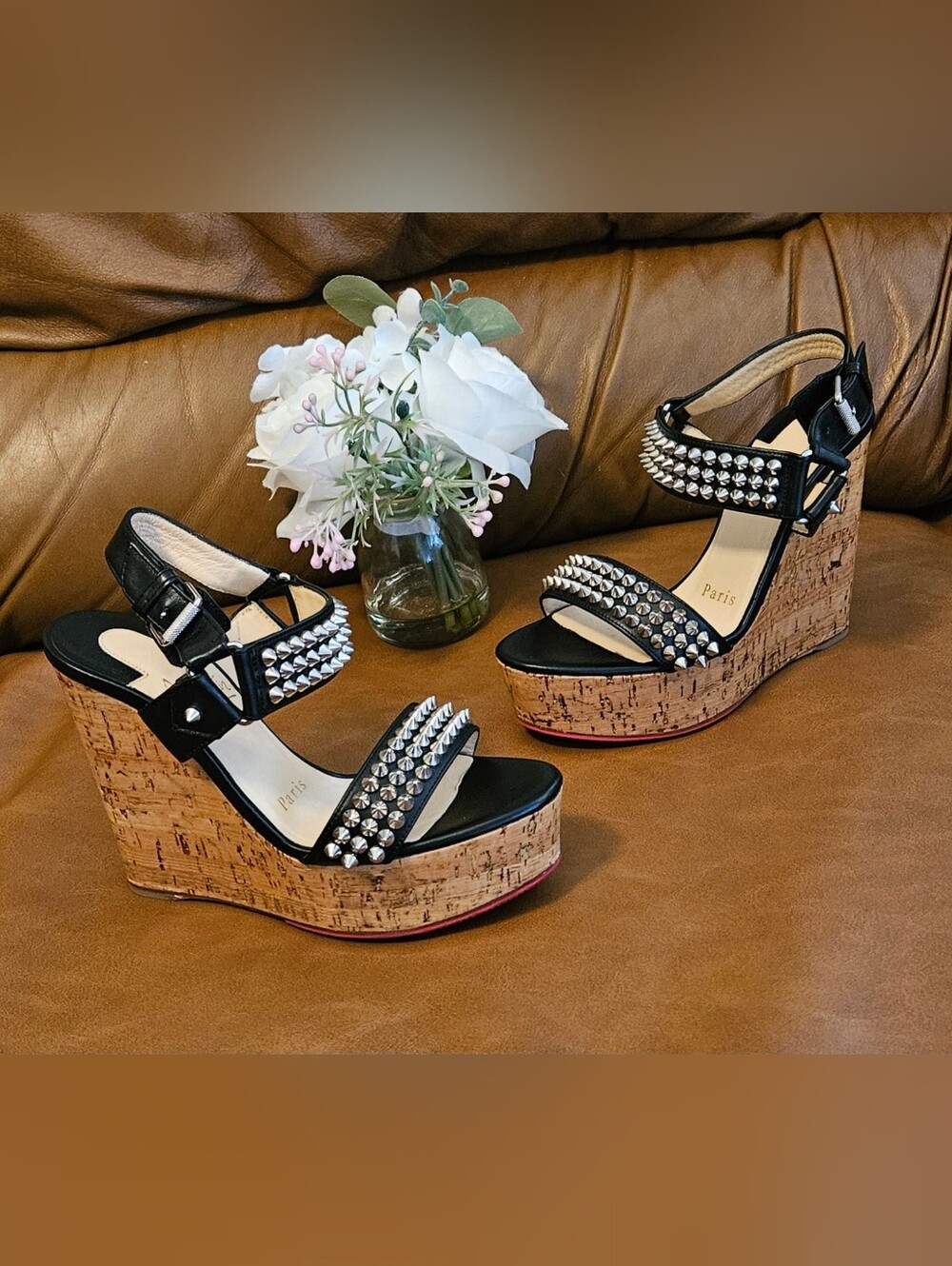 Christian Louboutin Black Leather Spikes-Studded  Wedge Sandals Size 4.5 US
